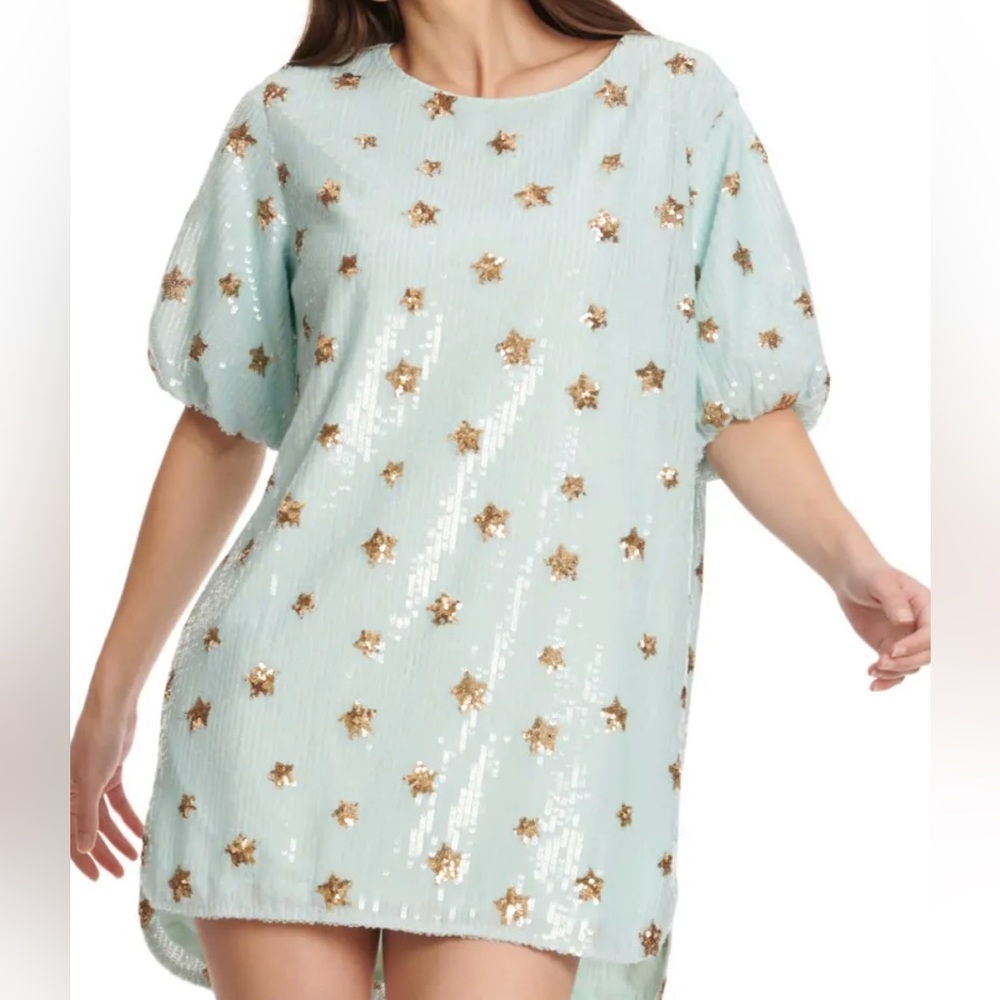 BRAND NEW Mainstrip Sky Blue with Gold Stars Sequin Short Sleeve Dress Large